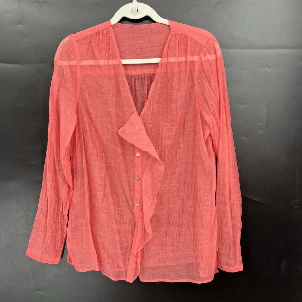 CARLISLE button front lightweight cotton blend coral shirt ruffle quiet luxury L